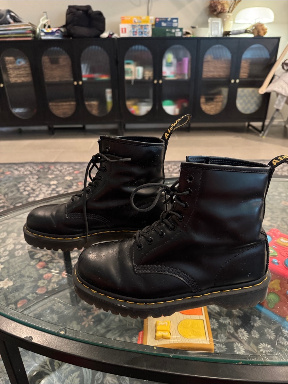 Dr. Martens Black Leather Lace-Up Ankle Boots with Yellow Stitching Women’s 8